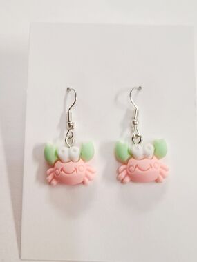 Cute Pink Crab Dangle Earrings with Mint Claws